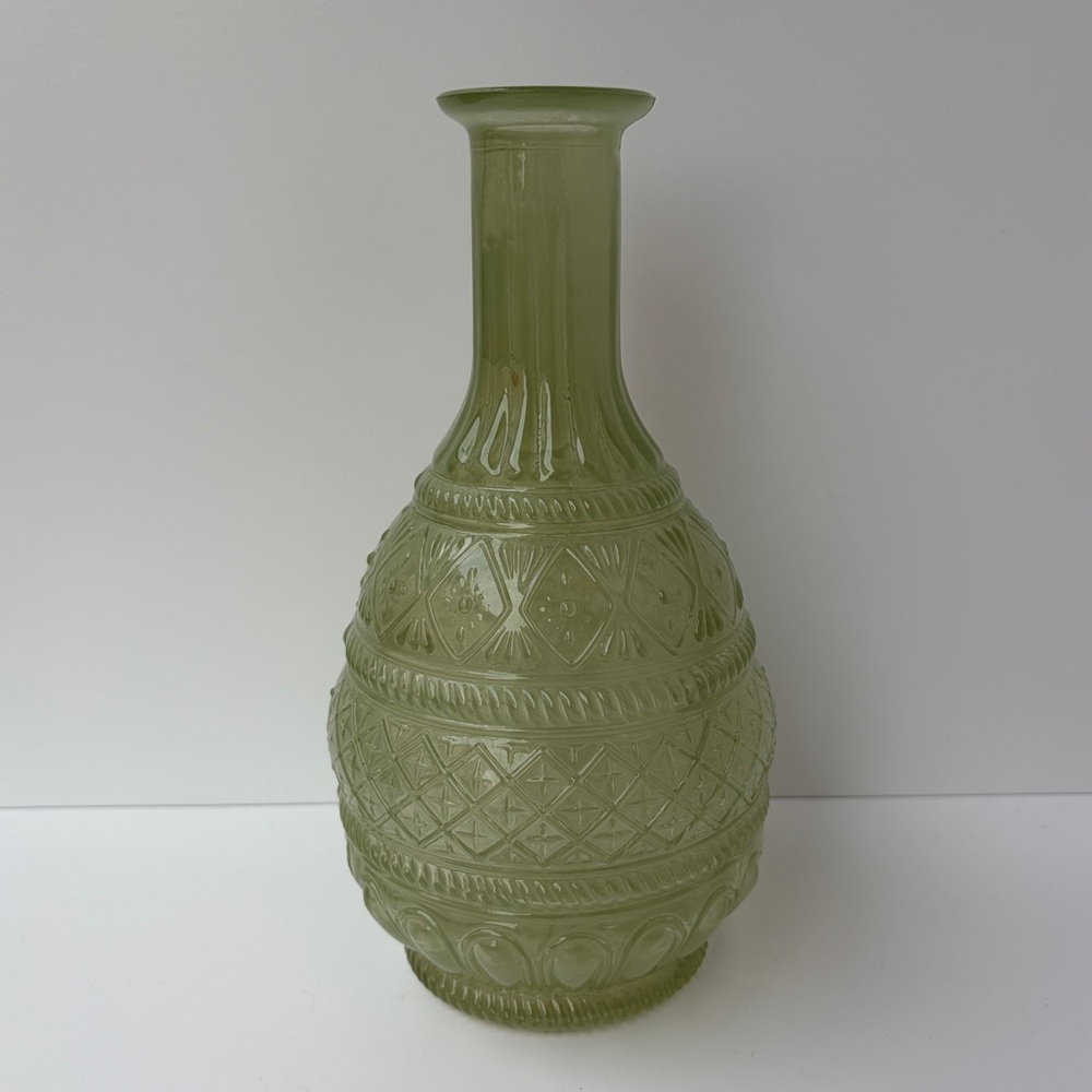 VTG Green Vase Boho Chic Glass Bottle No Stopper 60s